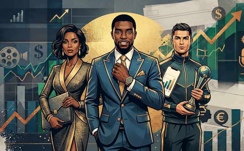 Illustrated portrait of celebrities representing money, fame, and net worth rankings