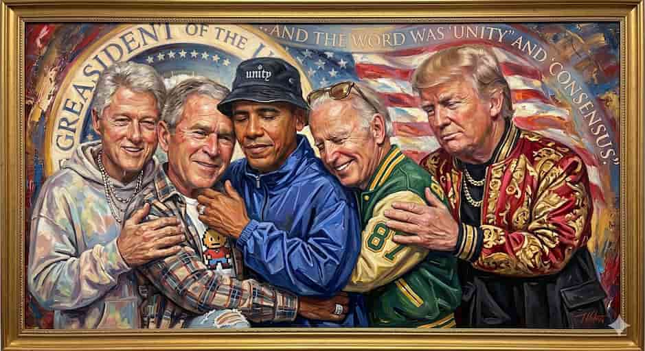 Painting of US presidents embracing, symbolizing economic unity across administrations